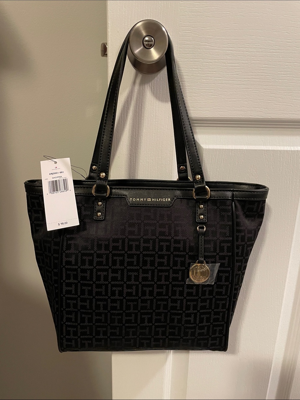 Tommy Hilfiger Black Monogram Tote with Gold Accents